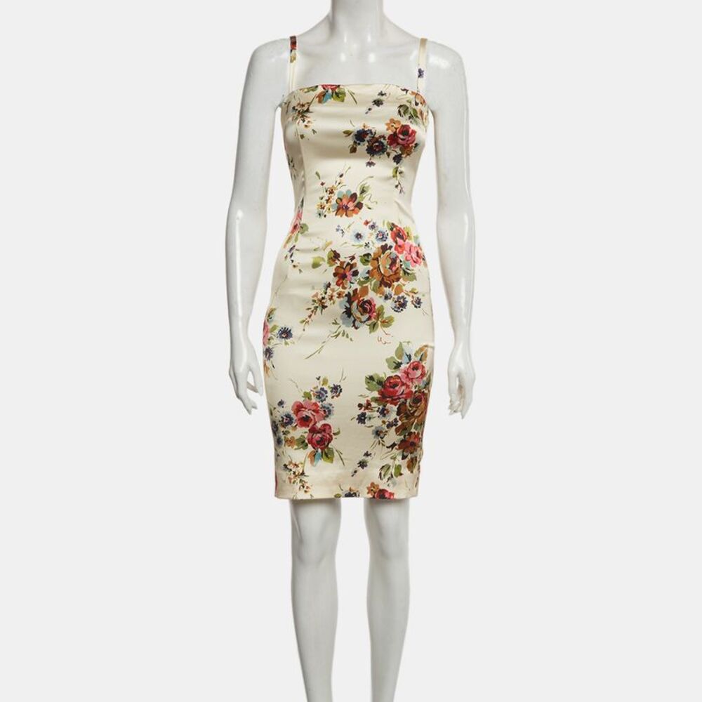 Dolce & Gabbana Beige Floral Print Satin Zip Up Mini Dress Xs - Picture 2 of 7